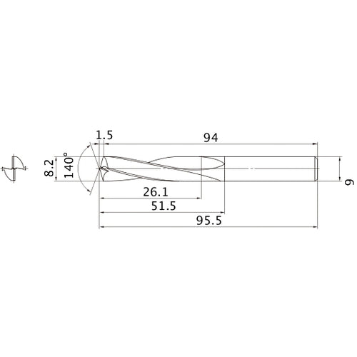 MAE0820MB HTI10 8.2 mm Dia. × 9 mm Shank × 51.5 mm Flute Length × 95.5 mm OAL, 140°, 2 Flute, External Coolant, Solid Carbide Drill