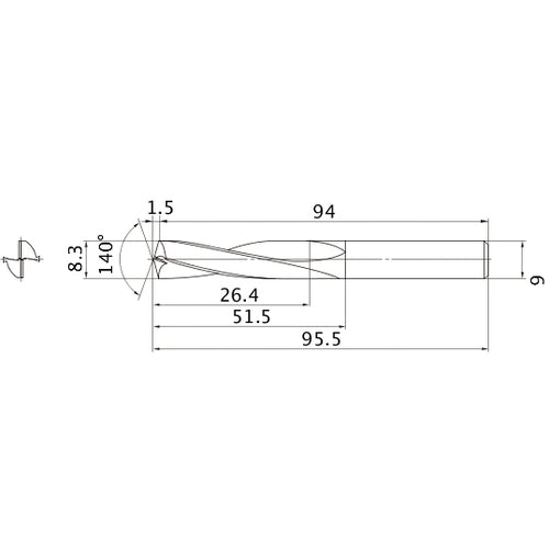 MAE0830MB HTI10 8.3 mm Dia. × 9 mm Shank × 51.5 mm Flute Length × 95.5 mm OAL, 140°, 2 Flute, External Coolant, Solid Carbide Drill