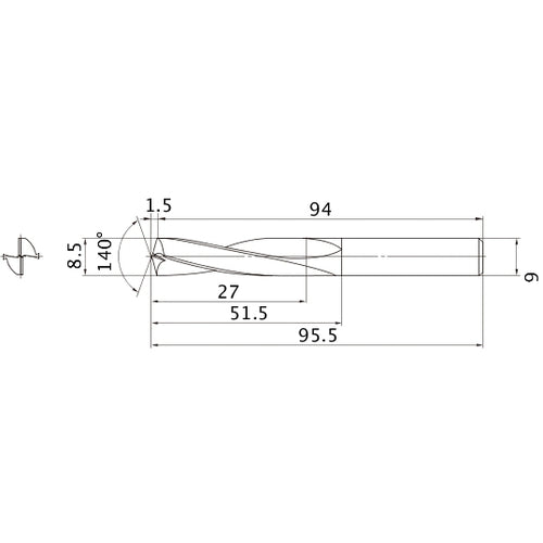 MAE0850MB HTI10 8.5 mm Dia. × 9 mm Shank × 51.5 mm Flute Length × 95.5 mm OAL, 140°, 2 Flute, External Coolant, Solid Carbide Drill