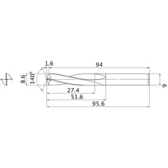 MAE0860MB HTI10 8.6 mm Dia. × 9 mm Shank × 51.6 mm Flute Length × 95.6 mm OAL, 140°, 2 Flute, External Coolant, Solid Carbide Drill