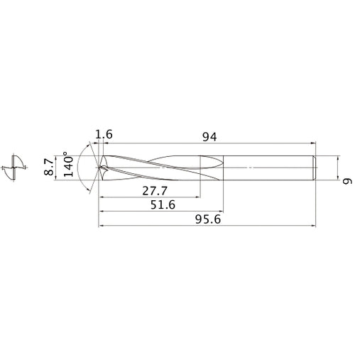 MAE0870MB HTI10 8.7 mm Dia. × 9 mm Shank × 51.6 mm Flute Length × 95.6 mm OAL, 140°, 2 Flute, External Coolant, Solid Carbide Drill