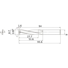 MAE0870MB HTI10 8.7 mm Dia. × 9 mm Shank × 51.6 mm Flute Length × 95.6 mm OAL, 140°, 2 Flute, External Coolant, Solid Carbide Drill