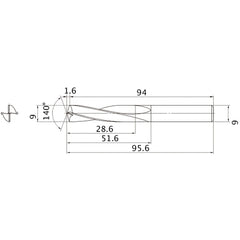 MAE0900MB HTI10 9 mm Dia. × 9 mm Shank × 51.6 mm Flute Length × 95.6 mm OAL, 140°, 2 Flute, External Coolant, Solid Carbide Drill