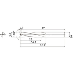 MAE0910MB HTI10 9.1 mm Dia. × 10 mm Shank × 54.7 mm Flute Length × 98.7 mm OAL, 140°, 2 Flute, External Coolant, Solid Carbide Drill