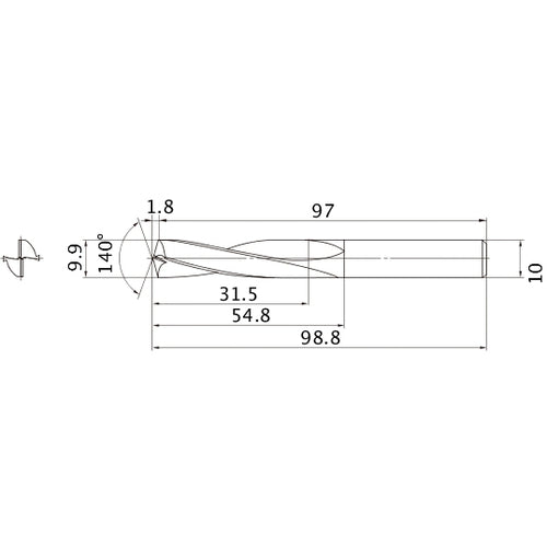MAE0990MB HTI10 9.9 mm Dia. × 10 mm Shank × 54.8 mm Flute Length × 98.8 mm OAL, 140°, 2 Flute, External Coolant, Solid Carbide Drill