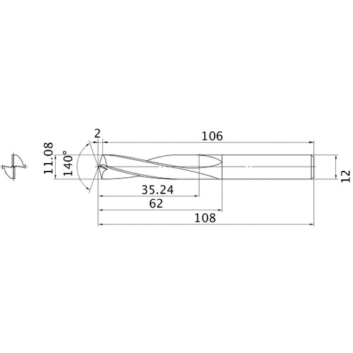 MAE1108MB HTI10 11.08 mm Dia. × 12 mm Shank × 62 mm Flute Length × 108 mm OAL, 140°, 2 Flute, External Coolant, Solid Carbide Drill