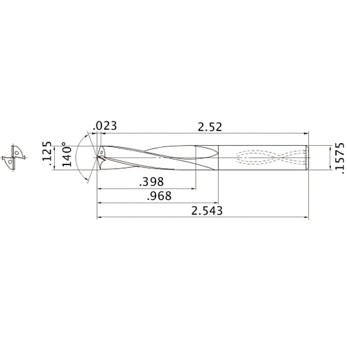 MAS01250MB HTi10 1/8″ Dia. × 0.1575″ Shank × 0.968″ Flute Length × 2.543″ OAL, 140°, 2 Flute, Coolant Thru, Solid Carbide Drill