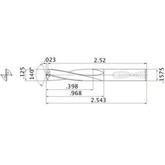MAS01250MB HTi10 1/8″ Dia. × 0.1575″ Shank × 0.968″ Flute Length × 2.543″ OAL, 140°, 2 Flute, Coolant Thru, Solid Carbide Drill