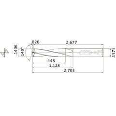MAS01406MB HTi10 0.1406″ Dia. × 0.1575″ Shank × 1.128″ Flute Length × 2.703″ OAL, 140°, 2 Flute, Coolant Thru, Solid Carbide Drill