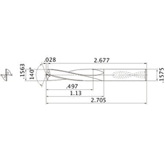 MAS01563MB HTi10 0.1563″ Dia. × 0.1575″ Shank × 1.13″ Flute Length × 2.705″ OAL, 140°, 2 Flute, Coolant Thru, Solid Carbide Drill