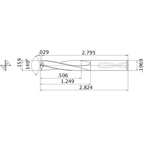 MAS01590MB HTi10 0.159″ Dia. × 0.1969″ Shank × 1.249″ Flute Length × 2.824″ OAL, 140°, 2 Flute, Coolant Thru, Solid Carbide Drill
