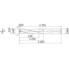 MAS01590MB HTi10 0.159″ Dia. × 0.1969″ Shank × 1.249″ Flute Length × 2.824″ OAL, 140°, 2 Flute, Coolant Thru, Solid Carbide Drill