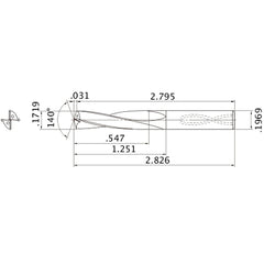 MAS01719MB HTi10 0.1719″ Dia. × 0.1969″ Shank × 1.251″ Flute Length × 2.826″ OAL, 140°, 2 Flute, Coolant Thru, Solid Carbide Drill