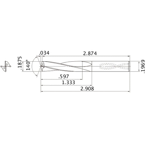 MAS01875MB HTi10 3/16″ Dia. × 0.1969″ Shank × 1.333″ Flute Length × 2.908″ OAL, 140°, 2 Flute, Coolant Thru, Solid Carbide Drill