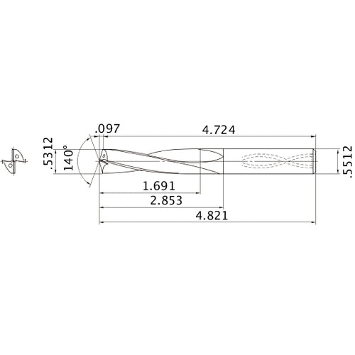MAS05312MB HTi10 0.5312″ Dia. × 0.5512″ Shank × 2.853″ Flute Length × 4.821″ OAL, 140°, 2 Flute, Coolant Thru, Solid Carbide Drill