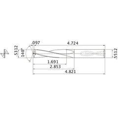 MAS05312MB HTi10 0.5312″ Dia. × 0.5512″ Shank × 2.853″ Flute Length × 4.821″ OAL, 140°, 2 Flute, Coolant Thru, Solid Carbide Drill
