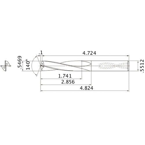 MAS05469MB HTi10 0.5469″ Dia. × 0.5512″ Shank × 2.856″ Flute Length × 4.824″ OAL, 140°, 2 Flute, Coolant Thru, Solid Carbide Drill