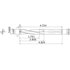 MAS05469MB HTi10 0.5469″ Dia. × 0.5512″ Shank × 2.856″ Flute Length × 4.824″ OAL, 140°, 2 Flute, Coolant Thru, Solid Carbide Drill