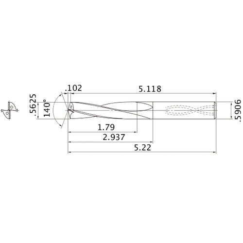 MAS05625MB HTi10 9/16″ Dia. × 0.5906″ Shank × 2.937″ Flute Length × 5.22″ OAL, 140°, 2 Flute, Coolant Thru, Solid Carbide Drill