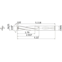 MAS05625MB HTi10 9/16″ Dia. × 0.5906″ Shank × 2.937″ Flute Length × 5.22″ OAL, 140°, 2 Flute, Coolant Thru, Solid Carbide Drill