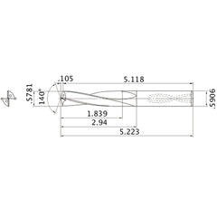 MAS05781MB HTi10 0.5781″ Dia. × 0.5906″ Shank × 2.94″ Flute Length × 5.223″ OAL, 140°, 2 Flute, Coolant Thru, Solid Carbide Drill