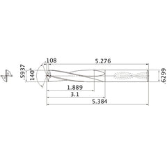 MAS05937MB HTi10 0.5937″ Dia. × 0.6299″ Shank × 3.1″ Flute Length × 5.384″ OAL, 140°, 2 Flute, Coolant Thru, Solid Carbide Drill