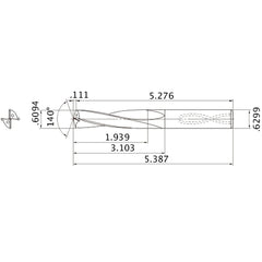 MAS06094MB HTi10 0.6094″ Dia. × 0.6299″ Shank × 3.103″ Flute Length × 5.387″ OAL, 140°, 2 Flute, Coolant Thru, Solid Carbide Drill