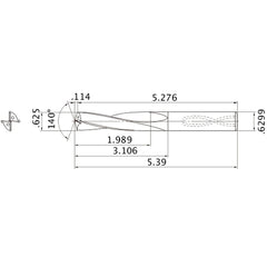 MAS06250MB HTi10 5/8″ Dia. × 0.6299″ Shank × 3.106″ Flute Length × 5.39″ OAL, 140°, 2 Flute, Coolant Thru, Solid Carbide Drill