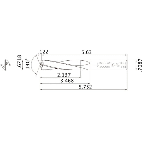 MAS06718MB HTi10 0.6718″ Dia. × 0.7087″ Shank × 3.468″ Flute Length × 5.752″ OAL, 140°, 2 Flute, Coolant Thru, Solid Carbide Drill