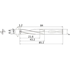 MAS0680MB HTi10 6.8 mm Dia. × 7 mm Shank × 43.2 mm Flute Length × 85.2 mm OAL, 140°, 2 Flute, Coolant Thru, Solid Carbide Drill