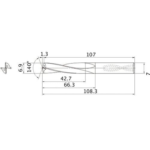 MAS0690LB HTI10 6.9 mm Dia. × 7 mm Shank × 66.3 mm Flute Length × 108.3 mm OAL, 140°, 2 Flute, Coolant Thru, Solid Carbide Drill