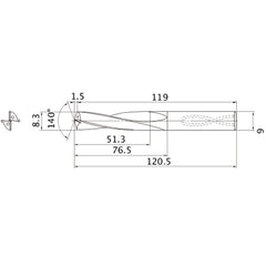 MAS0830LB HTI10 8.3 mm Dia. × 9 mm Shank × 76.5 mm Flute Length × 120.5 mm OAL, 140°, 2 Flute, Coolant Thru, Solid Carbide Drill
