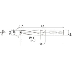 MAS0950MB HTi10 9.5 mm Dia. × 10 mm Shank × 54.7 mm Flute Length × 98.7 mm OAL, 140°, 2 Flute, Coolant Thru, Solid Carbide Drill