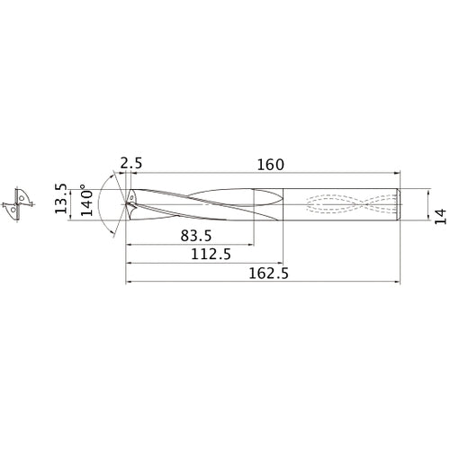 MAS1350LB HTI10 13.5 mm Dia. × 14 mm Shank × 112.5 mm Flute Length × 162.5 mm OAL, 140°, 2 Flute, Coolant Thru, Solid Carbide Drill