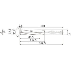 MAS1350LB HTI10 13.5 mm Dia. × 14 mm Shank × 112.5 mm Flute Length × 162.5 mm OAL, 140°, 2 Flute, Coolant Thru, Solid Carbide Drill