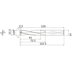 MAS1350MB HTi10 13.5 mm Dia. × 14 mm Shank × 72.5 mm Flute Length × 122.5 mm OAL, 140°, 2 Flute, Coolant Thru, Solid Carbide Drill
