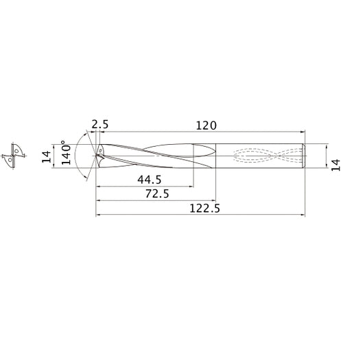 MAS1400MB HTi10 14 mm Dia. × 14 mm Shank × 72.5 mm Flute Length × 122.5 mm OAL, 140°, 2 Flute, Coolant Thru, Solid Carbide Drill