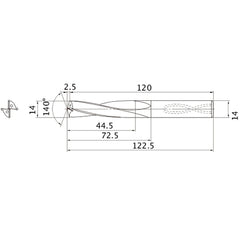 MAS1400MB HTi10 14 mm Dia. × 14 mm Shank × 72.5 mm Flute Length × 122.5 mm OAL, 140°, 2 Flute, Coolant Thru, Solid Carbide Drill