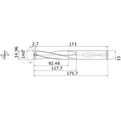 MAS1496LB HTI10 14.96 mm Dia. × 15 mm Shank × 117.7 mm Flute Length × 175.7 mm OAL, 140°, 2 Flute, Coolant Thru, Solid Carbide Drill