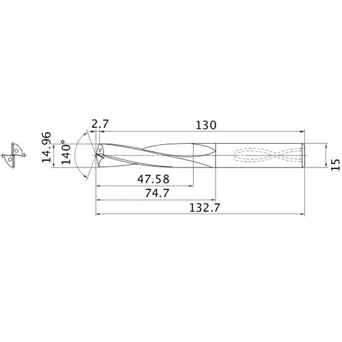 MAS1496MB HTi10 14.96 mm Dia. × 15 mm Shank × 74.7 mm Flute Length × 132.7 mm OAL, 140°, 2 Flute, Coolant Thru, Solid Carbide Drill