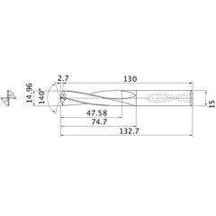 MAS1496MB HTi10 14.96 mm Dia. × 15 mm Shank × 74.7 mm Flute Length × 132.7 mm OAL, 140°, 2 Flute, Coolant Thru, Solid Carbide Drill