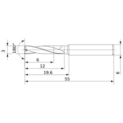 MFE0300X02S060 DP1020 3 mm Dia. × 6 mm Shank × 12 mm Flute Length × 55 mm OAL, 180°, 2 Flute, External Coolant, Solid Carbide Drill