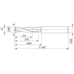 MFE0305X02S060 DP1020 0.12″ Dia. × 0.236″ Shank × 0.551″ Flute Length × 2.165″ OAL, 180°, 2 Flute, External Coolant, Solid Carbide Drill