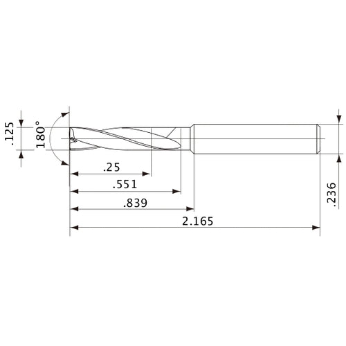MFE0318X02S060 DP1020 1/8″ Dia. × 0.236″ Shank × 0.551″ Flute Length × 2.165″ OAL, 180°, 2 Flute, External Coolant, Solid Carbide Drill
