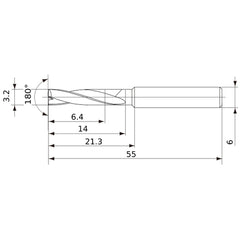 MFE0320X02S060 DP1020 3.2 mm Dia. × 6 mm Shank × 14 mm Flute Length × 55 mm OAL, 180°, 2 Flute, External Coolant, Solid Carbide Drill