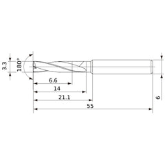 MFE0330X02S060 DP1020 3.3 mm Dia. × 6 mm Shank × 14 mm Flute Length × 55 mm OAL, 180°, 2 Flute, External Coolant, Solid Carbide Drill