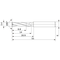 MFE0340X02S060 DP1020 3.4 mm Dia. × 6 mm Shank × 14 mm Flute Length × 55 mm OAL, 180°, 2 Flute, External Coolant, Solid Carbide Drill