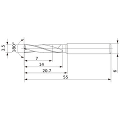 MFE0350X02S060 DP1020 3.5 mm Dia. × 6 mm Shank × 14 mm Flute Length × 55 mm OAL, 180°, 2 Flute, External Coolant, Solid Carbide Drill