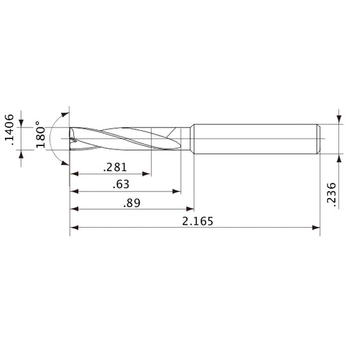 MFE0357X02S060 DP1020 0.1406″ Dia. × 0.236″ Shank × 0.63″ Flute Length × 2.165″ OAL, 180°, 2 Flute, External Coolant, Solid Carbide Drill