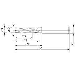 MFE0390X02S060 DP1020 3.9 mm Dia. × 6 mm Shank × 16 mm Flute Length × 55 mm OAL, 180°, 2 Flute, External Coolant, Solid Carbide Drill